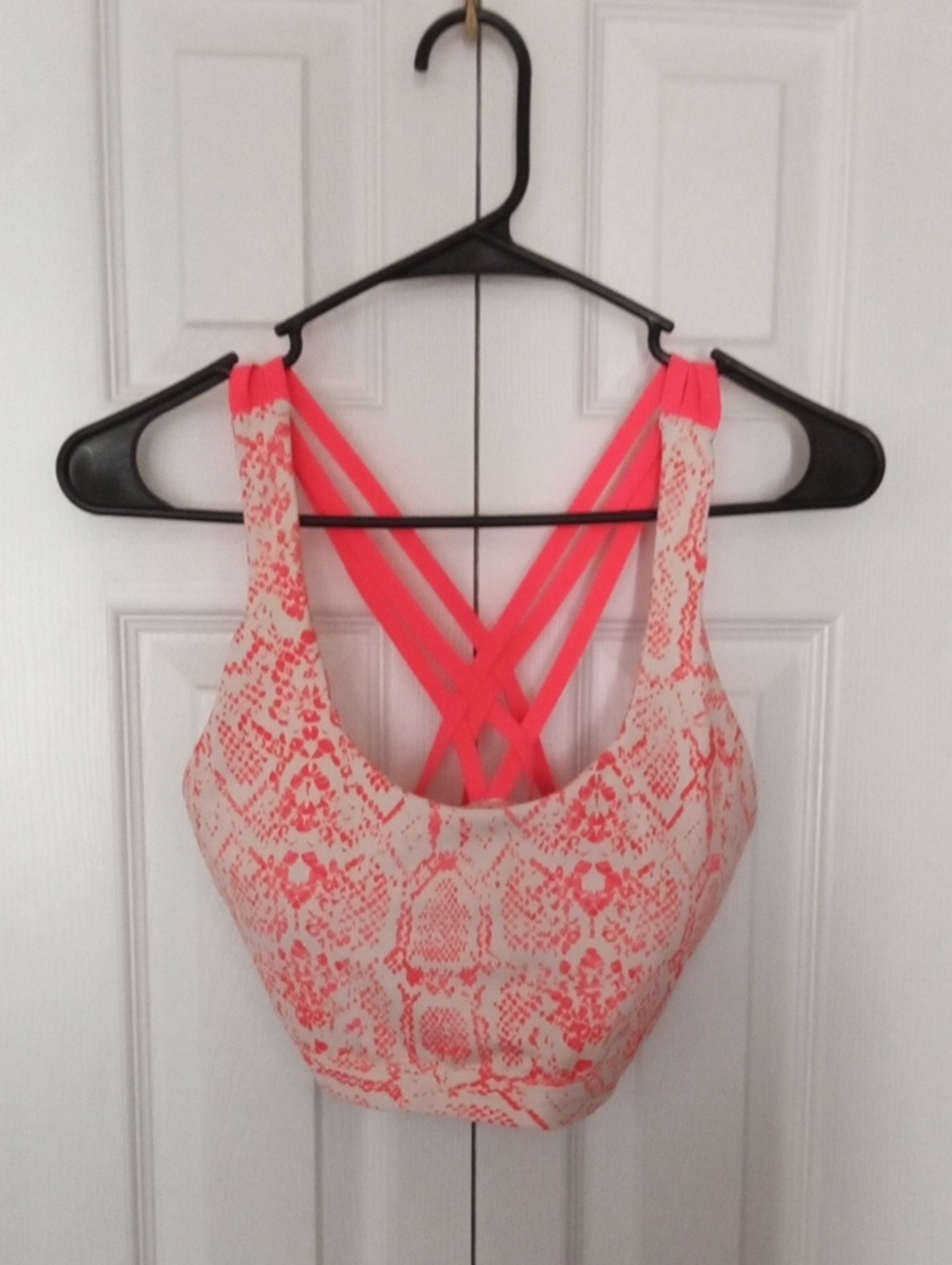 Fabletics Neon Coral Snake-Print Strappy Sports Bra